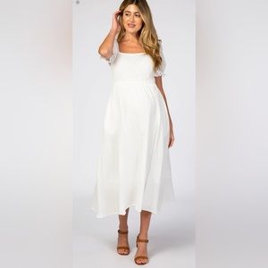 NWT White Smocked Puff Sleeve Maternity Midi Dress